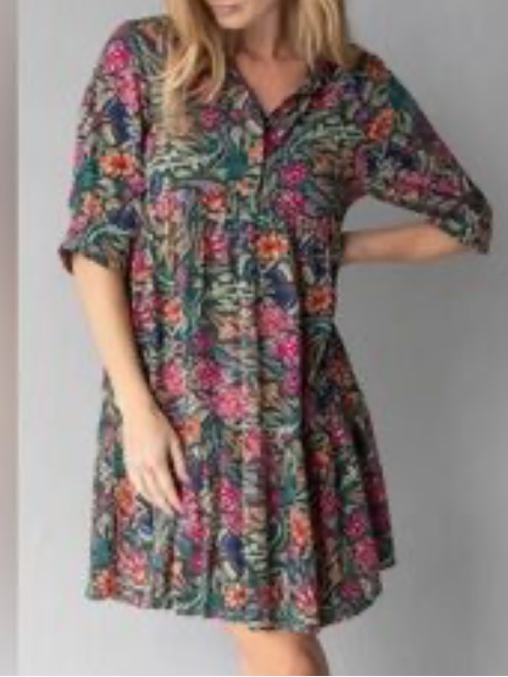 Natural life green pink floral collared dress size L